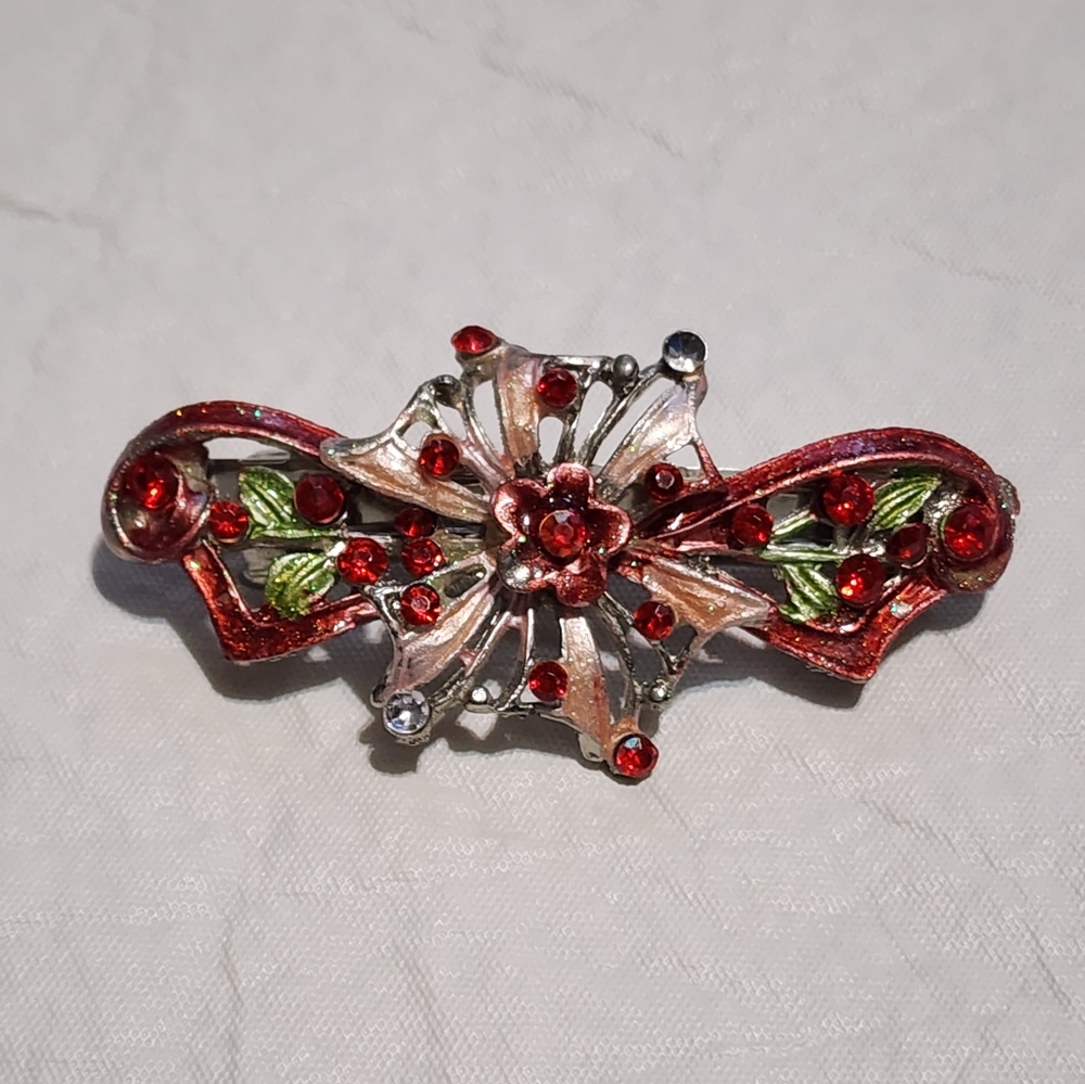 High Quality Vintage Red and Green Floral Hair Barrette